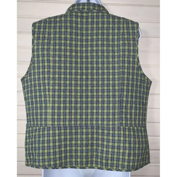 Christopher & Banks Sz LARGE Vest Cotton Green Plaid Button Front Quilted EUC - Picture 6 of 9